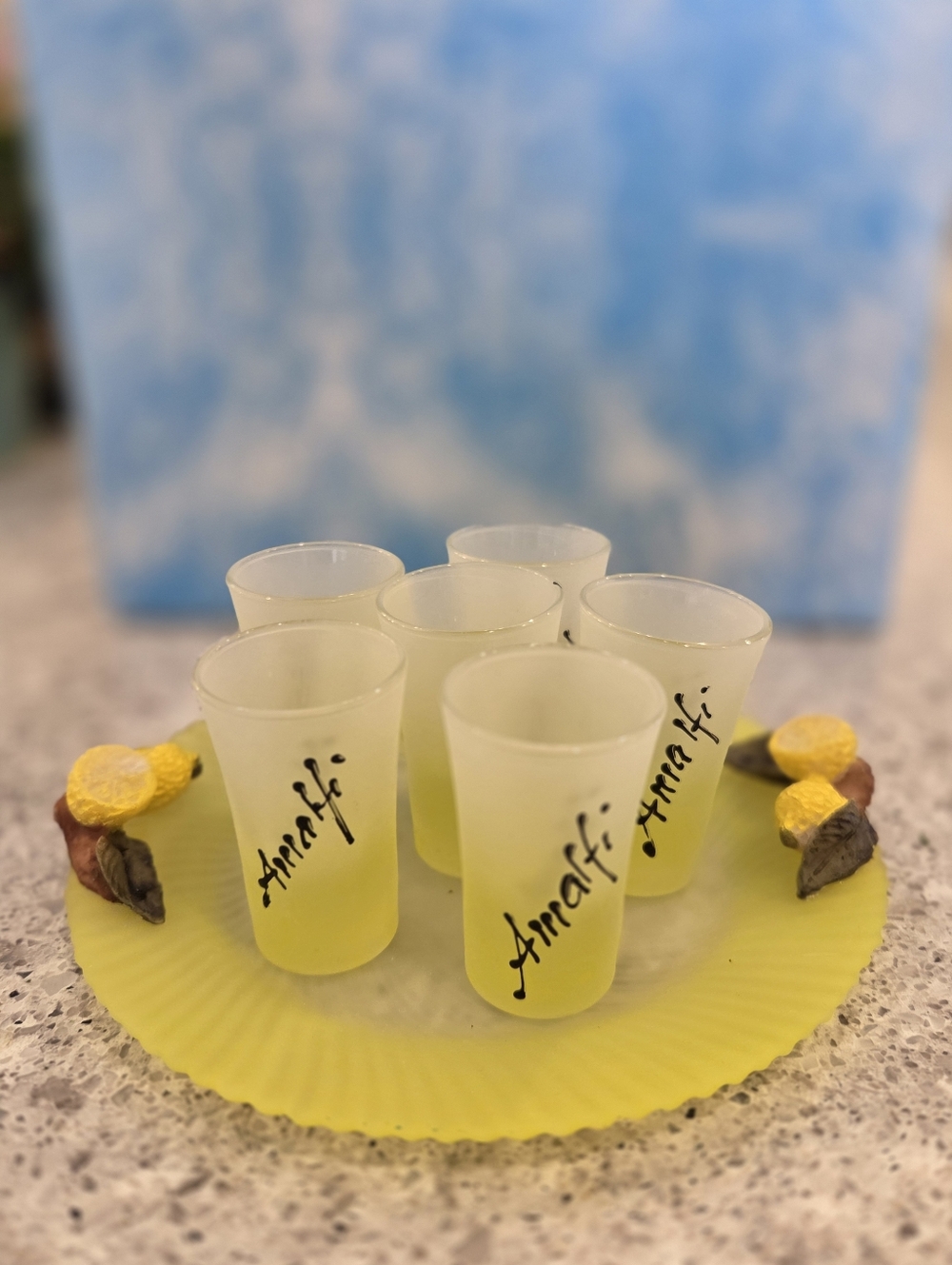 Vintage Amalfi Italia Frosted Yellow Ombre Shot Glasses with Glass Tray